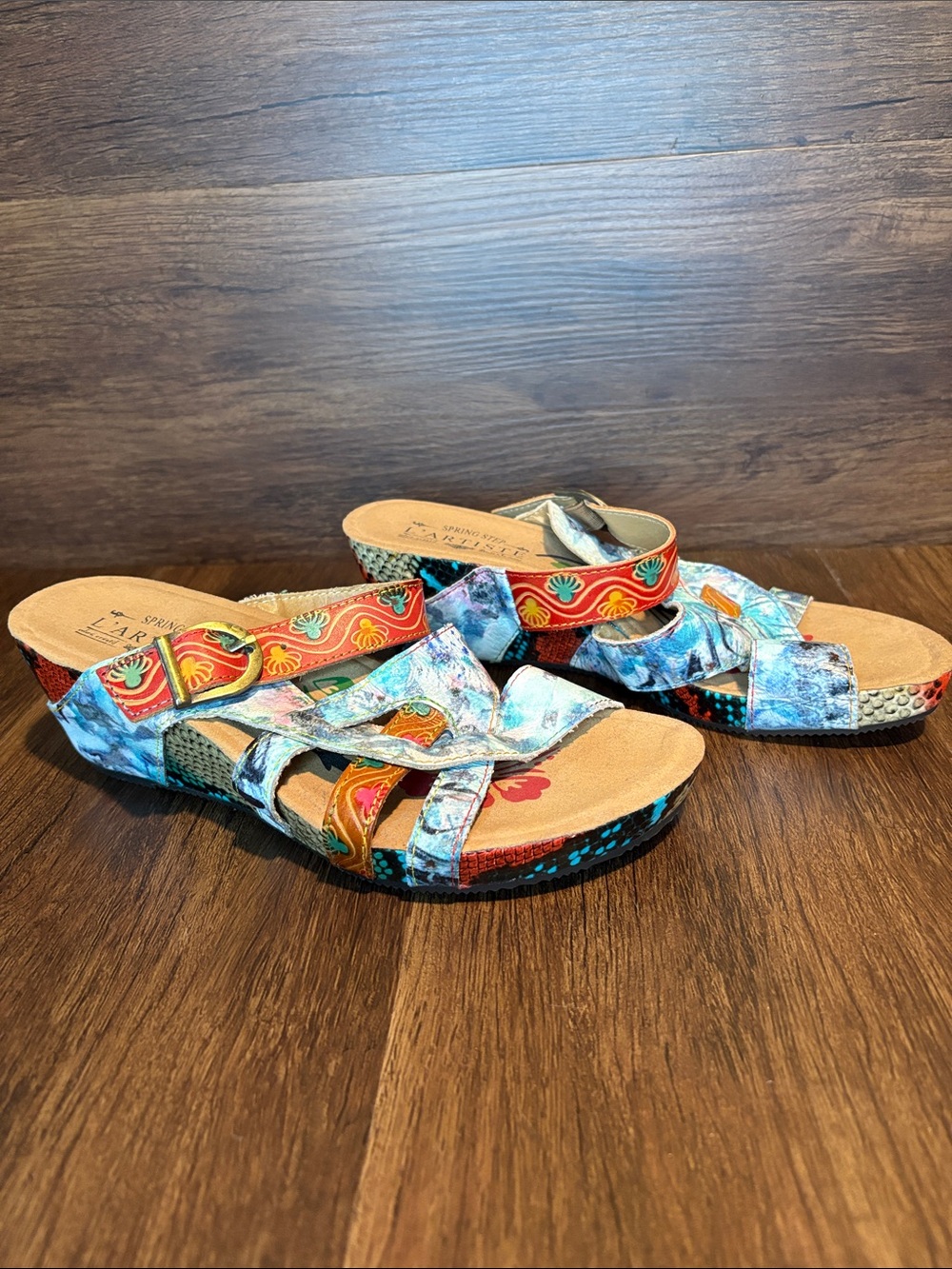 Colorful Patterned Slide Sandals with Blue & Red Accents